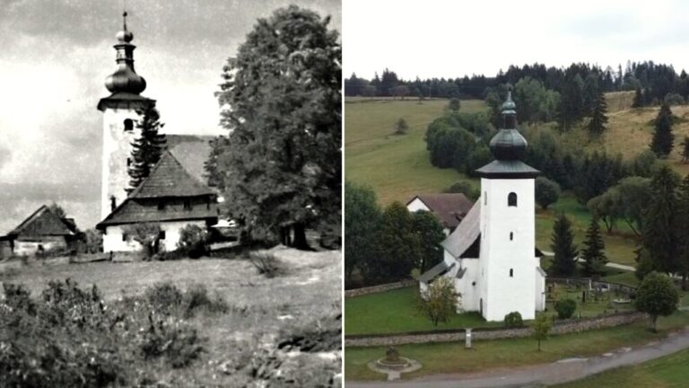 Kostol svätého Jána Krstiteľa a pri ňom vyznačený geografický stred Európy.