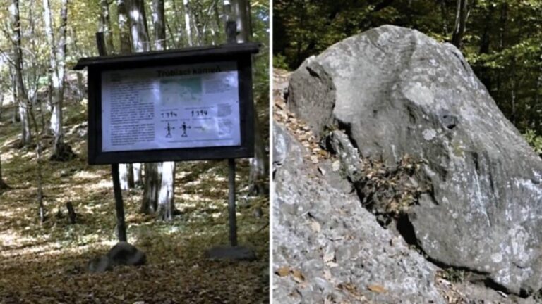 Andezitový blok s dvomi otvormi nejasného pôvodu sa nachádza pri obci Sucháň.